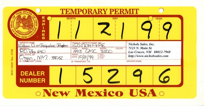 New Mexico Temporary License Plates
